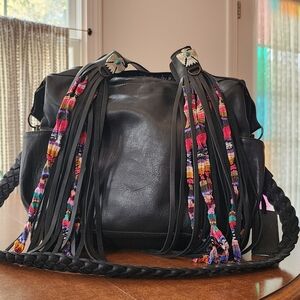 Nena & Co. Convertible Day Bag - Black Leather with Multicolor Tassel Set